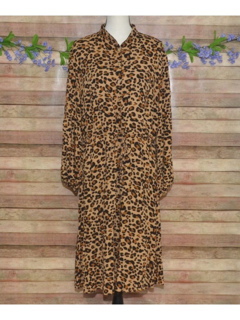 Leopard Print Button-Down Midi Dress Drawstring Waist & Long Puff Sleeves Size L